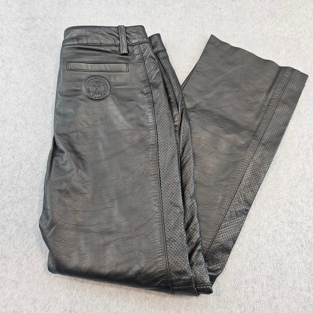 Harley Davidson WOMENS Black Leather Motorcycle Pants Perforated Side 36/8